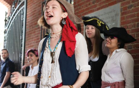 The Pirate Scummy (Charlotte Senders ’18) sings out during a Reunion event in May.